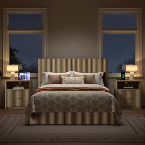 Evermagin Queen Bedroom Set, Storage Bed Frame & Charging Nightstands, Oak