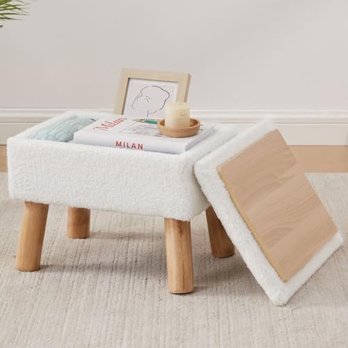 Storage Ottoman, Small Foot Stool Ottoman with Storage, Teddy Velvet Foot Rest with Wood Legs, Footstool for Living Room, Bedroom, Entryway, White