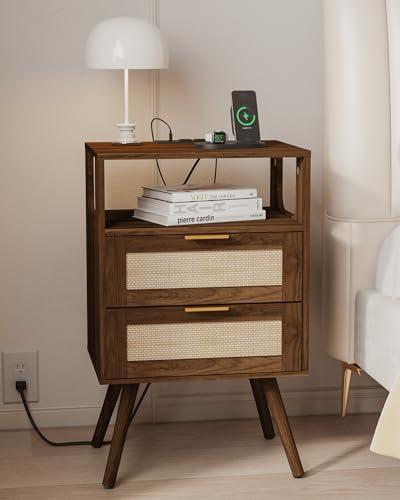 JOONEE Rattan Nightstand with Charging Station,Farmhouse Bedside Table with 2 Storage Drawer and Open Wood Shelf, for Bedroom and Small Spaces,Night Stand with Solid Wood Legs (Dark Walnut-Outlet)