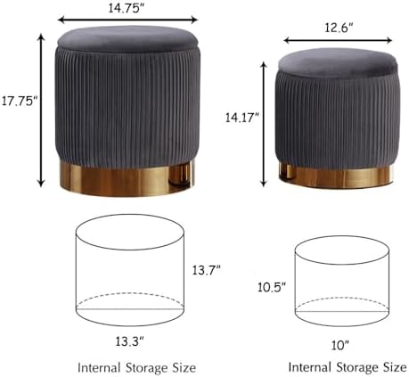 Round Ottoman with Storage Set of 2 Gray Velvet Vanity Stool