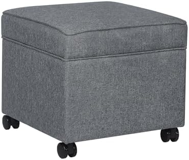 Adeco 17.5" Square Fabric Ottoman with Storage, Upholstered Cotton Linen Foot Rest, Flip Top Footstool, Small Cube Coffee Table Extra Seat for Living Room, Bedroom, Grey with Rolling Legs