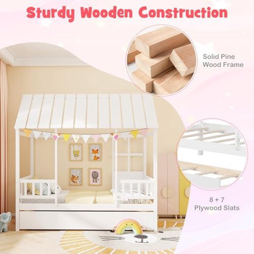 GIANTEX Twin House Bed with Trundle Bed Twin, Wooden Montessori Bed Frame with Roof & Safety Guardrail for Kids, Teens, Boys or Girls, No Box Spring Needed (White)