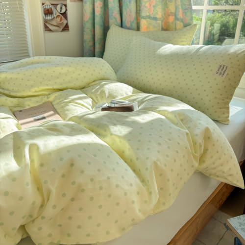 Green Polka Dot Duvet Cover Twin Size 3 Pcs,Muslin Bedding 68"×86"