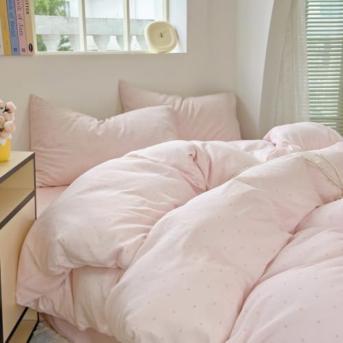 3 Pcs Pink Polka Dot Duvet Cover Full, Cotton Double Gauze, Zipper & Ties