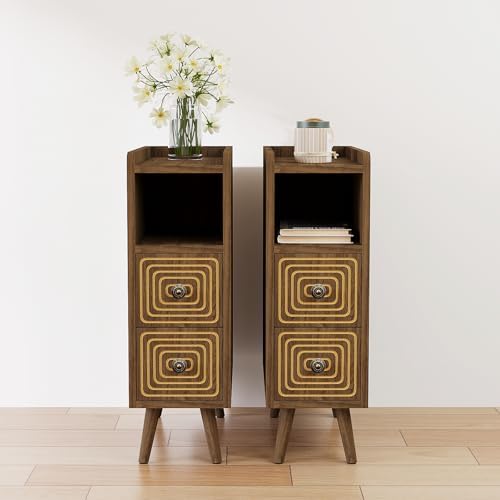 7.8" Narrow Nightstand Set of 2 with 2 Drawers & Open Storage,Walnut