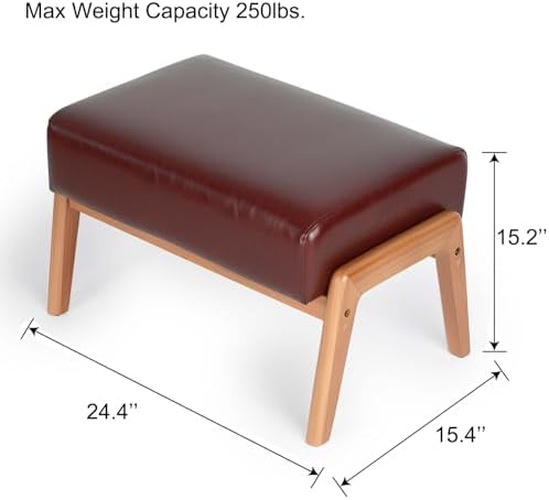 Foot Stool, Leatherette Wooden Step Stool, Modern Rectangle Ottoman Wide Vanity Stool with Cushion for Couch Living Room Bedroom Entryway, Brown