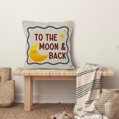 Moon and Stars Nursery Throw Pillow Cover 18x18, to the Moon and Back Decorative Pillow Covers for Kids Toddler Boy Girl Nursery Room Bedroom, Kids Room Accent Pillows Cover Pillowcases