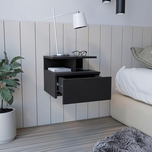 Tuhome Adele Floating Nightstand, Wall-Mounted Bedside Table with 1 Drawer and 2 Open Shelves, 11.6" H x 14" W x 13.2" D Small Night Stand for Compact Bedrooms, Engineered Wood