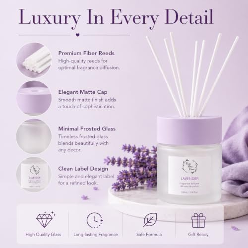 Reed Diffuser for Home, Orelune Lavender Diffuser 100ml/ 3.38fl oz, Reed Diffuser Set Home Fragrance Flower Scent Diffuser for Bathroom Shelf Decor