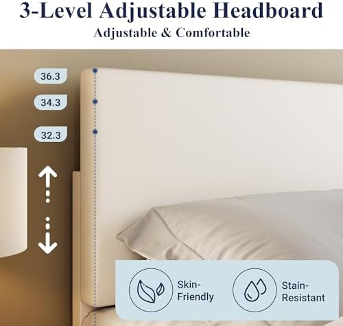 Allewie Full Size Upholstered Bed Frame Adjustable Headboard, White