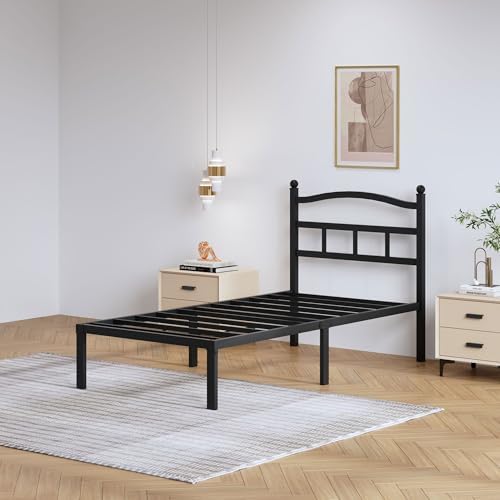 Metal Bed Frame with Headboard - 14 Inch Twin XL Size Heavy Duty Bedframe Black Basic Steel Slats Platform No Box Spring Needed/Easy Assembly/Noise Free