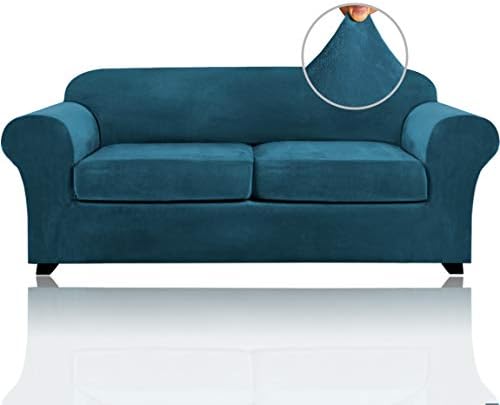 PrinceDeco Couch Cover Velvet Plush Sofa Covers for 2 Cushion Couch Width Up to 90 Inch Washable Furniture Protector Pet Friendly No Slip Sofa Slipcover(Medium-Large, Deep Teal)