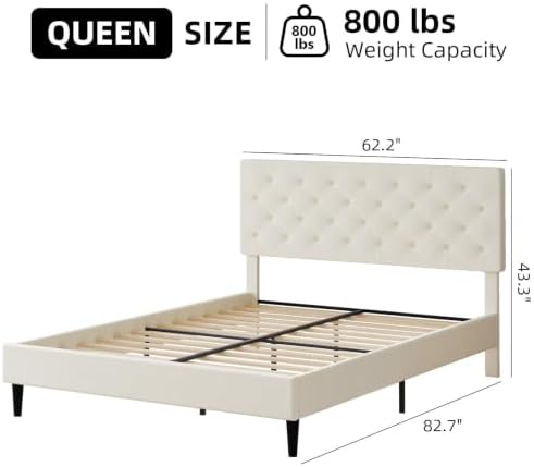 HOMBCK Queen Bed Frame with Adjustable Headboard, Cream