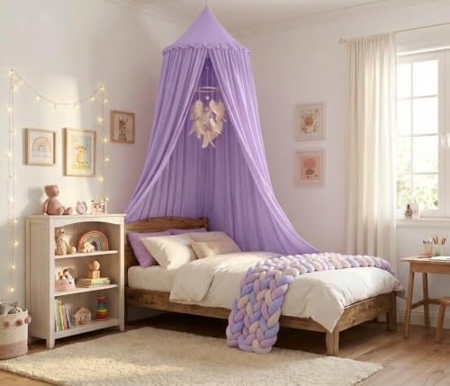 Bed Canopy for Girls, Princess Crib Canopy for Nursery, Dreamy Soft Hanging Canopy for Toddler Bed, Twin & Full Size, Kids Bed Canopy for Girls Room Decor & Reading Nook, Lavender