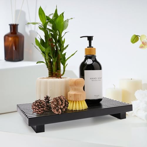 Black Bathroom Counter Tray Organizer Wood Riser Stand Kitchen Soap Holder