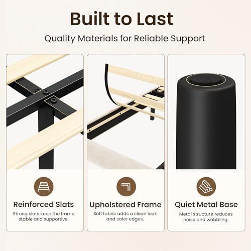 GRUSIGN Twin Size Platform Bed Frame with Velvet Headboard, Adjustable Height Wooden Slats Support, Upholstered Mattress Foundation, Fits Mattress or Mattress with Box Spring, Easy Assembly, Beige