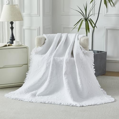 Brandream White Ruffled Quilted Throw Blanket Cotton 47 X 60 Chic Throw