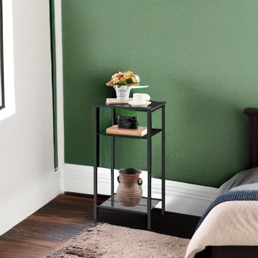 Hoctieon 3 Tier End Table, Telephone Table, Tall Side Table with Storage, Small Nightstand for Small Spaces, Metal Frame, For Living Room, Bedroom, Sofa Couch, Hall, Easy Assembly, Black