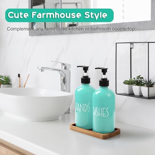 ALELION Turquoise Dish Soap Dispenser for Kitchen - 16 OZ Glass Hand Soap Dispenser Set with Pump and Acacia Wood Tray - Turquoise Kitchen Decor & Teal Kitchen Accessories