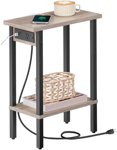 HOOBRO Narrow Side Table, 2-Tier Slim End Table with Charging Station, Skinny Nightstand with Open Storage, for Small Spaces, Living Room, Bedroom, Study, Greige and Black BG240UBZ01