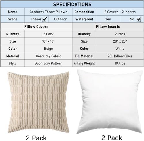 2 Pack Corduroy Decorative Throw Pillow with Inserts, 18x18 Inch Soft Boho Throw Pillow, Square Striped Throw Pillows for Couch, Bed, Sofa Decor(Beige)