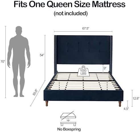 Queen Upholstered Bed Frame with 54" Wingback Tall Headboard Blue