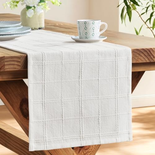ZeeMart Linen Checked Farmhouse Table Runner, 13x48 Inches Bright White