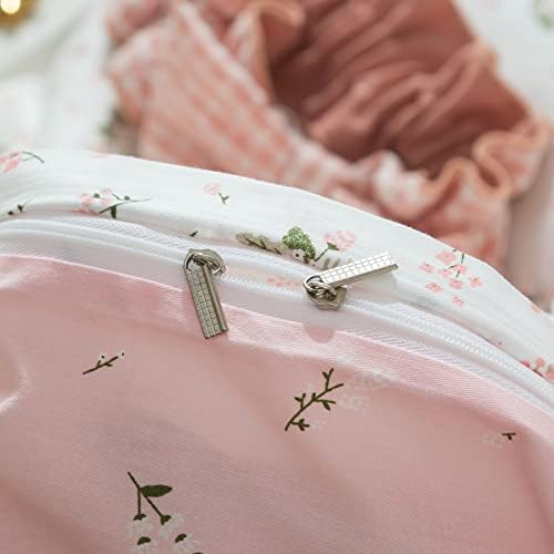 Pink Floral Duvet Cover Set 100% Cotton Queen(90"x90"),White Pink