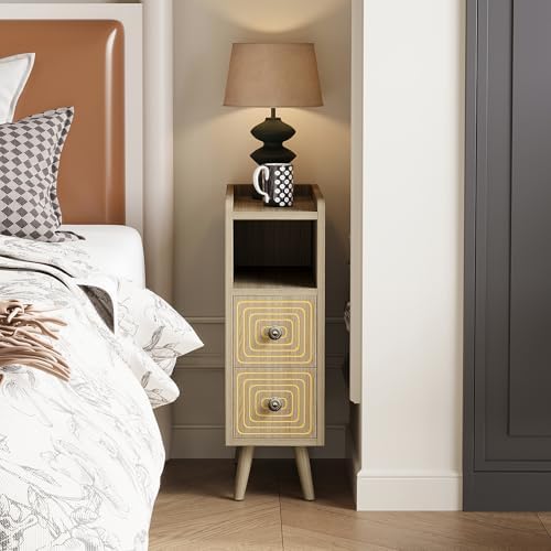 7.8" Narrow Nightstand Set of 2 with 2 Drawers & Open Storage,Oak