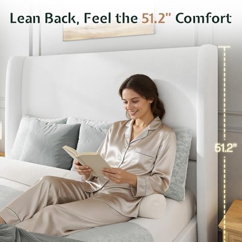 Jocisland Full Size Bed Frame Tall Wingback Headboard Upholstered, White