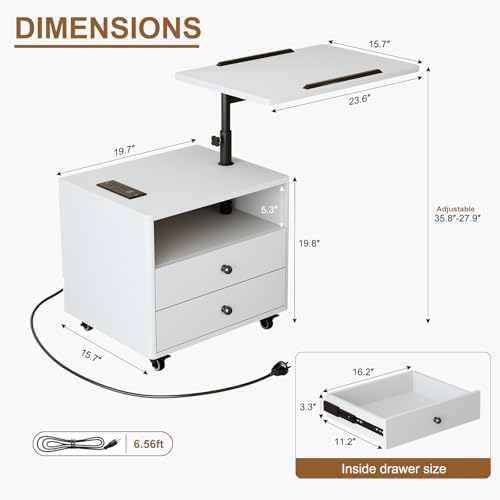 Bedroom Nightstand with Drawers & Charging Station, Adjustable Height Bedside Table with Wheels, Wooden Small Sofa Side Tables with Storage for Living Room, White