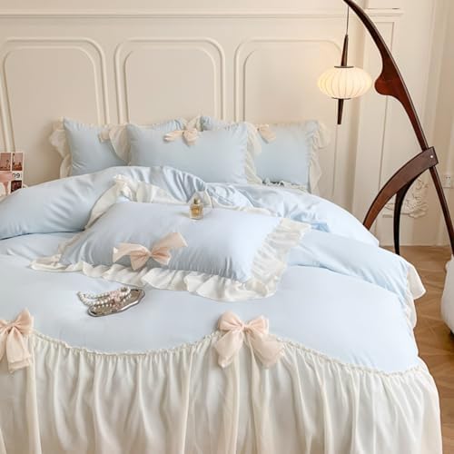 SOUKECHY Ruffled Bedding Bow Duvet Cover Set with Butterfly Tie, Princess Style 1 Duvet Cover with 2 Pillowcases,Zipper Closure, No Comforter-Blue,Queen Size