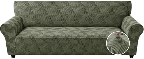 JIVINER 1 Piece Couch Cover for 3 Cushion Couch, Stretch Extra Large Sofa Covers with Elastic Bottom, Washable Oversized Sofa Slipcovers Feature Geometrical Jacquard Fabric (XL Sofa, Army Green)