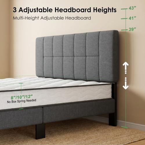 Marsail Upholstered Queen Bed Frame with Headboard, Modern Bed Frame, Gray