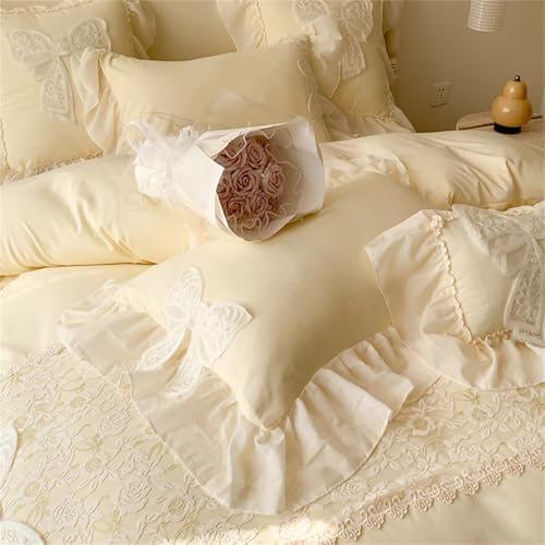 MOOWOO Lovely Bow Chic Duvet Cover Set- Ruffle Lace Polyester Comforter Cover -Girl French Princess Style Bedding-2 Piece Twin Duvet Cover with Zipper Closure -No Comforter-Yellow,Twin Size