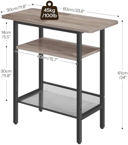 HOOBRO Side Table, Narrow End Table with Shelf, with Wide Storage Tabletop, 3-Tier Bedside Tables for Small Spaces for Living Room, Bedroom, Study, Greige and Black BG366BZ01