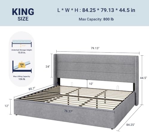 Allewie King Size Lift Up Hydraulic Storage Bed Frame Light Grey