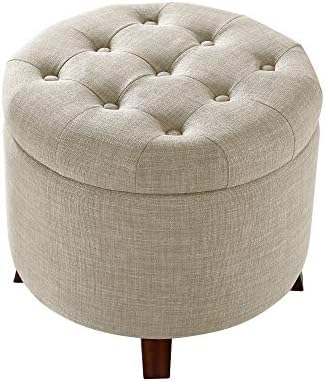 Amazon Basics Round Storage Ottoman Foot Rest, Button Tufted Upholstered Footstool with Storage, Sturdy Linen Fabric for Living Room and Bedroom, 20" x 17", Beige