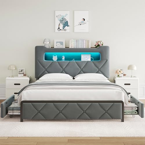 Jocoevol Full Upholstered LED Bed Frame with 2 Storage Drawers and 2-Tier Storage Headboard, Velvet Platform Bed with Charging Station & Bookcase, Heavy Duty Metal Support, No Box Spring Needed, Grey