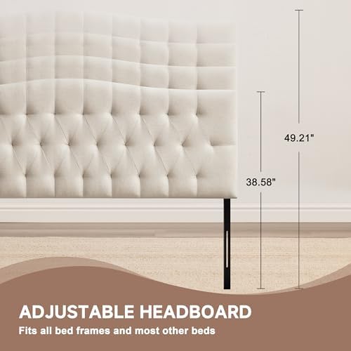 Tufted Upholstered Full Size Headboard Only, Adjustable 38-50 in, Beige