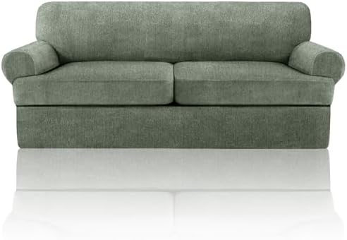 3 Pieces Sofa Covers fot T Cushion Loveseat Slipcover, Sofa Stretch Slip Covers for 2 Cushion Couch with 2 Individual T Shape Seat Covers (Green, 2 Cushion)