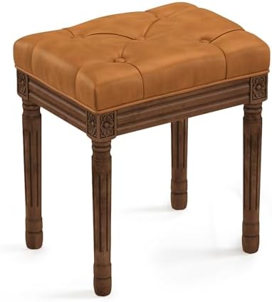 LUE BONA Upholstered Fabric Vanity Bench Seat, Makeup Stools for Vanity, Square Tufted Ottoman Bench with Carved Dark Brown Color Legs for Bedroom Living Room, Whiskey Brown