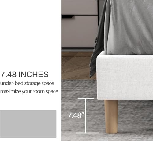 King Size Bed Frame with Linen Upholstered Headboard, White