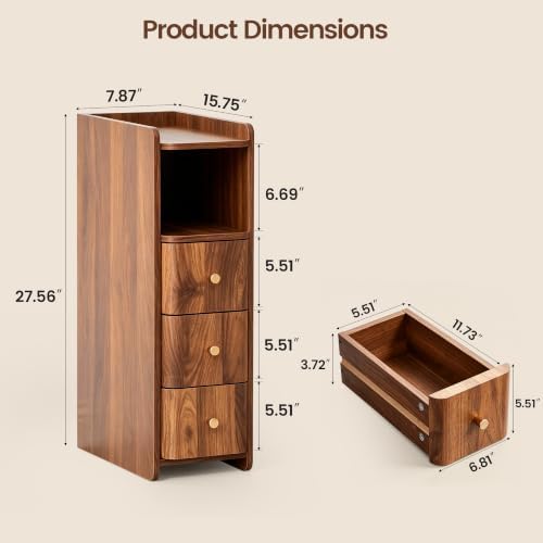 FurSch 27.56”H Tall 7.87”W Narrow Nightstand with 3 Drawers for Lofted Dorm