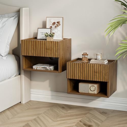 Floating Nightstand Bedroom Bedside Table - Floating Night Stand Set 2 for Small Spaces, Wall Mounted Cabinet with Storage Drawer, Brown Modern Night Stand for Dorm Hallway Entryway
