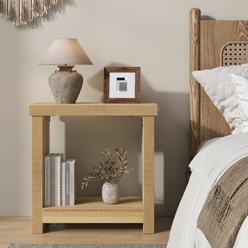 End Tables Set of 2 for Living Room, Narrow Side Tables with Storage Shelves, Square End Table for Bedroom, Slim Nightstand, Skinny Rectangle Accent Table, Farmhouse Bedside Table, Natural (2 Pieces)