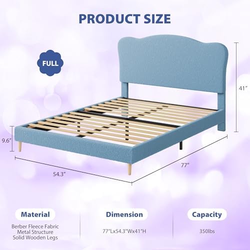 Garvee Upholstered Full Size Bed Frame for Kids with Scallop Headboard, Cute Velvet Full Bed for Girls, Boys, Sturdy Platform Bed, No Box Spring Needed, Wooden Slats, Noise Free, Blue