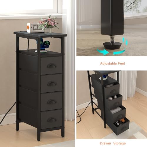 sthmec Side Table with Charging Station, Narrow End Table with 4 Drawers, Small Nightstands with Fabric Drawers,Slim Sofa Couch Side Tables for Small Spaces,Living Room,Bedroom, Black