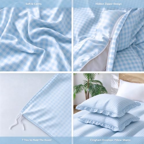 Gingham Duvet Cover King Size, 3 Pieces Soft Breathable Microfiber Plaid Duvet Cover with Zipper Closure & 2 Pillow Shams, Ruffle Farmhouse Vintage Decor, Light Blue