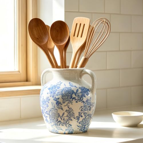 Ceramic Vase with Handles, Vintage Utensil Holder, Flower Decorative Vase Chinoiserie Decor Rustic Farmhouse Retro Floral Vases for Table Bookshelf Mantel Kitchen Living Room Office - 6.7” Blue 018
